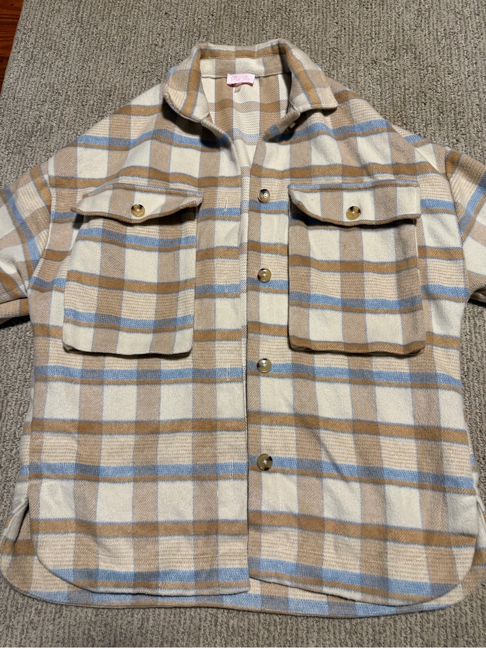 Pink Lily Cream, Tan & Light Blue Plaid Shacket